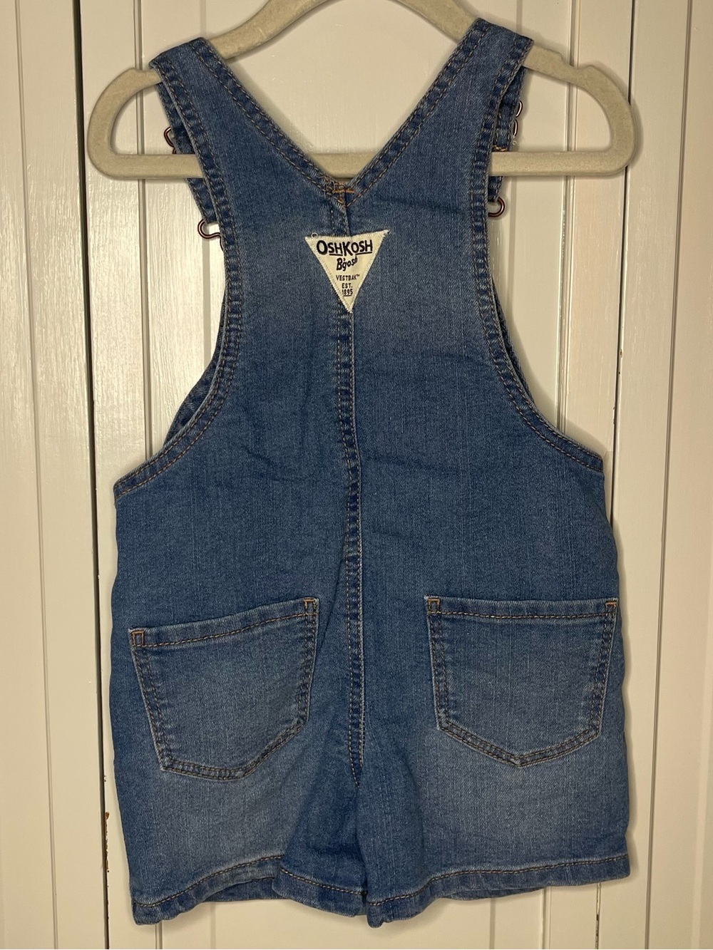 OshKosh B'gosh Blue Denim Floral Embroidered Kids Short Overalls - Picture 2 of 4